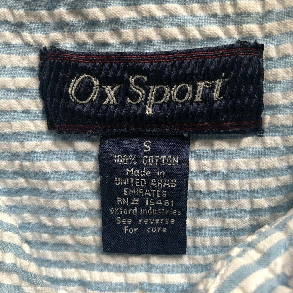 VTG Ox Sport UNC Tar Heels Blue White Striped Seersucker S/S Collared Buttondown - Picture 5 of 5